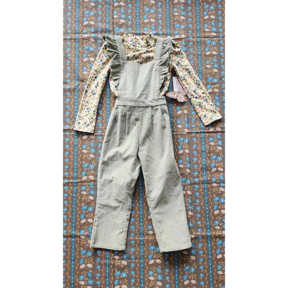 Btween Girls Jumper Romper Green Cordouroy Overalls Yellow Floral Top 4T NWT